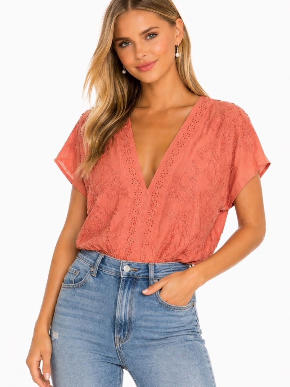 Free People Embroidered Eyelet V Neck Bodysuit Boho Romantic Women Size M
